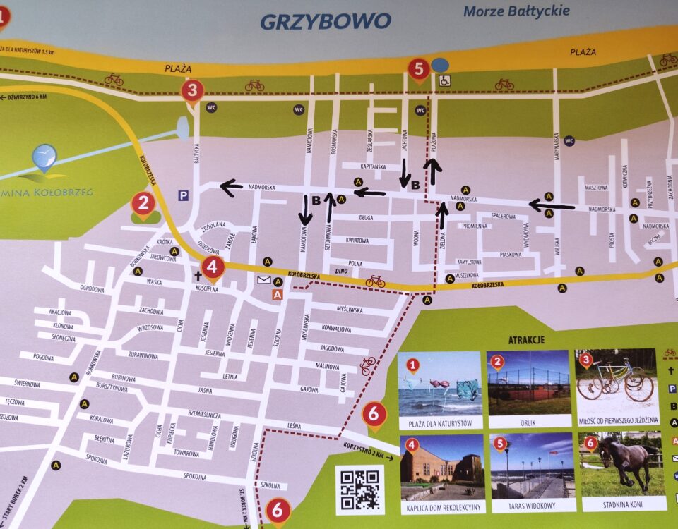 Plan Grzybowa z zaznaczonymi ulicami jednokierunkowymi